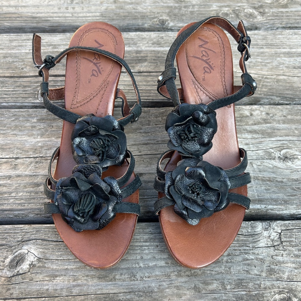 Naya Black Leather Floral Heels